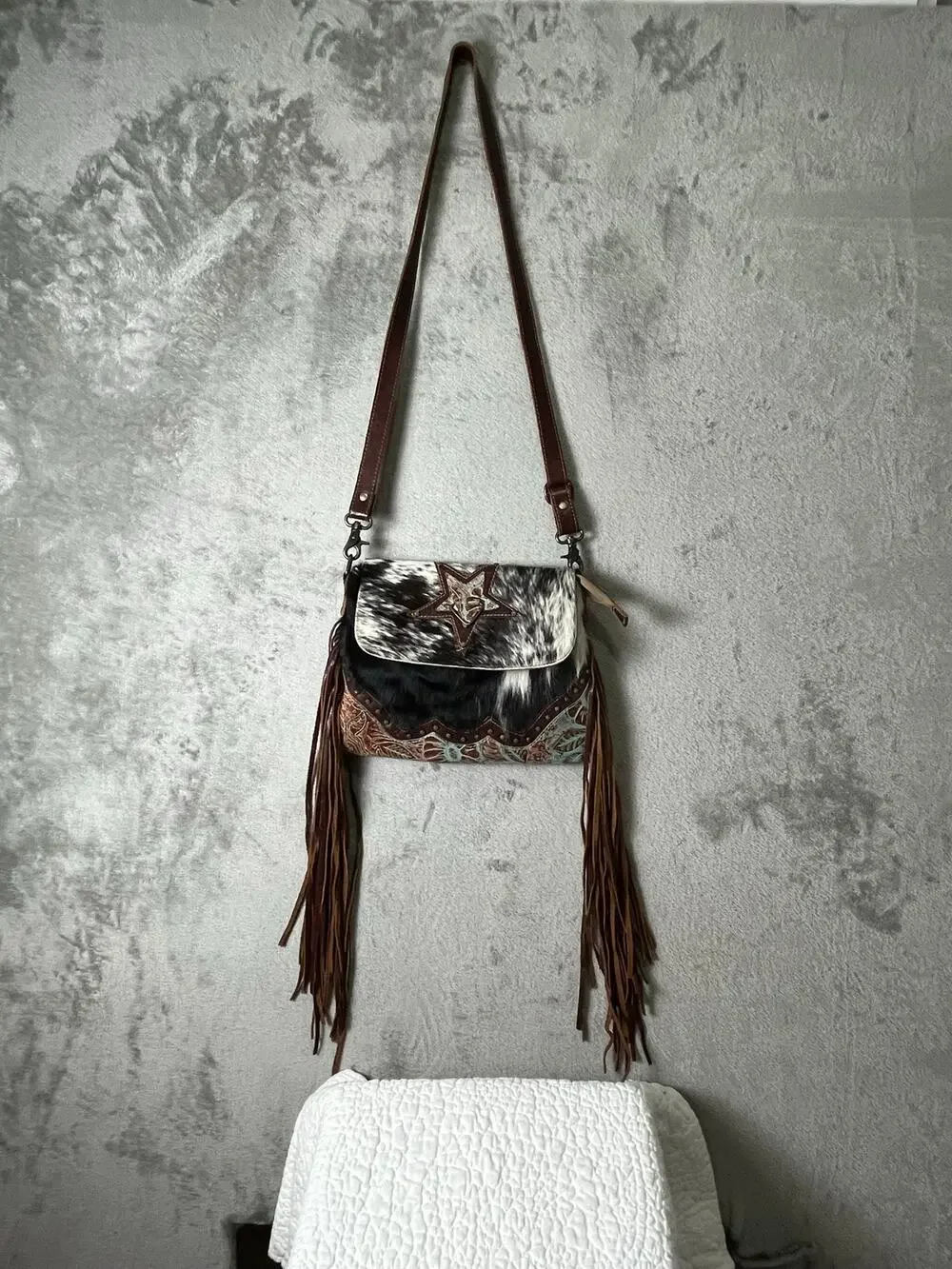 Myra Western Cowhide Fringe Crossbody Bag Leather Star Boho Cowgirl Rodeo Purse